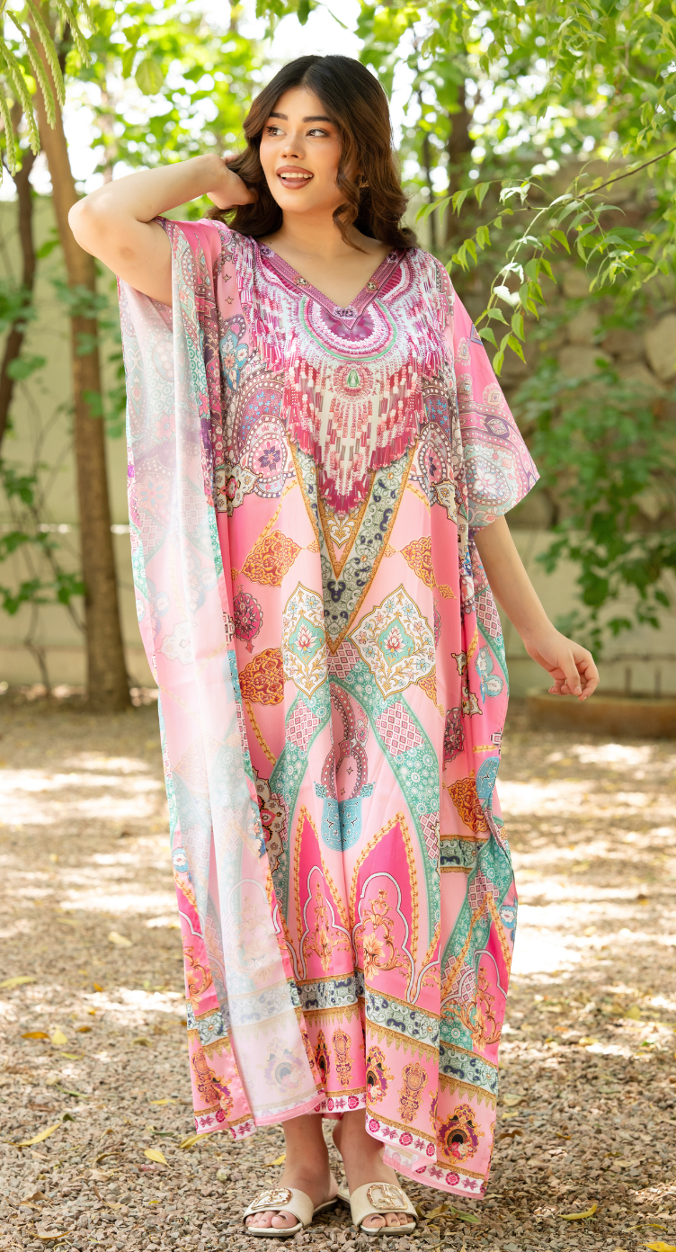 Soft Pink Ornate Satin Women Plus Size Kaftan Brunch Dress
