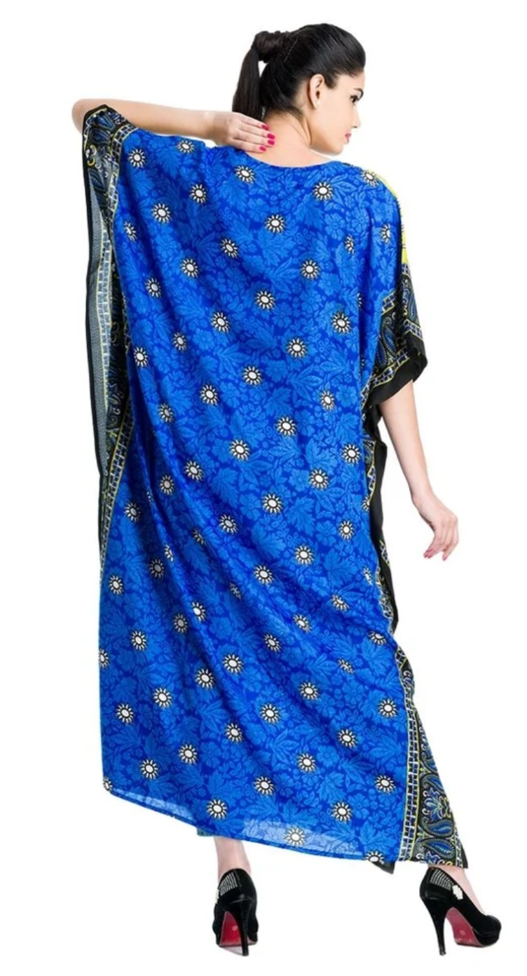 Blue Scroll Paisley Medallion Polyester Plus Size Kaftan for Women 1X-3X | GypsieBlu