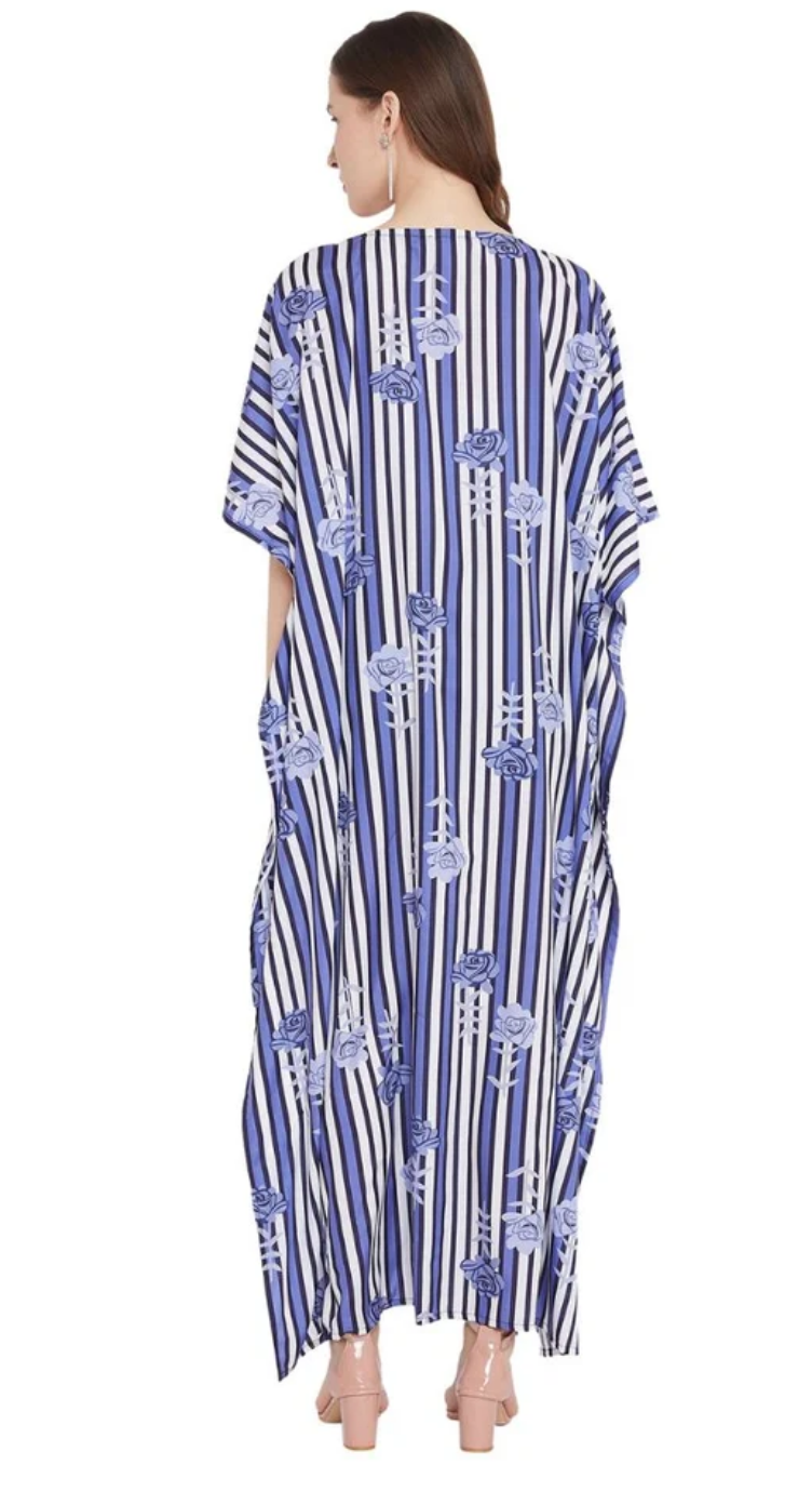 Blue Stripe Floral Polyester Plus Size Kaftan for Women 1X-3X | GypsieBlu