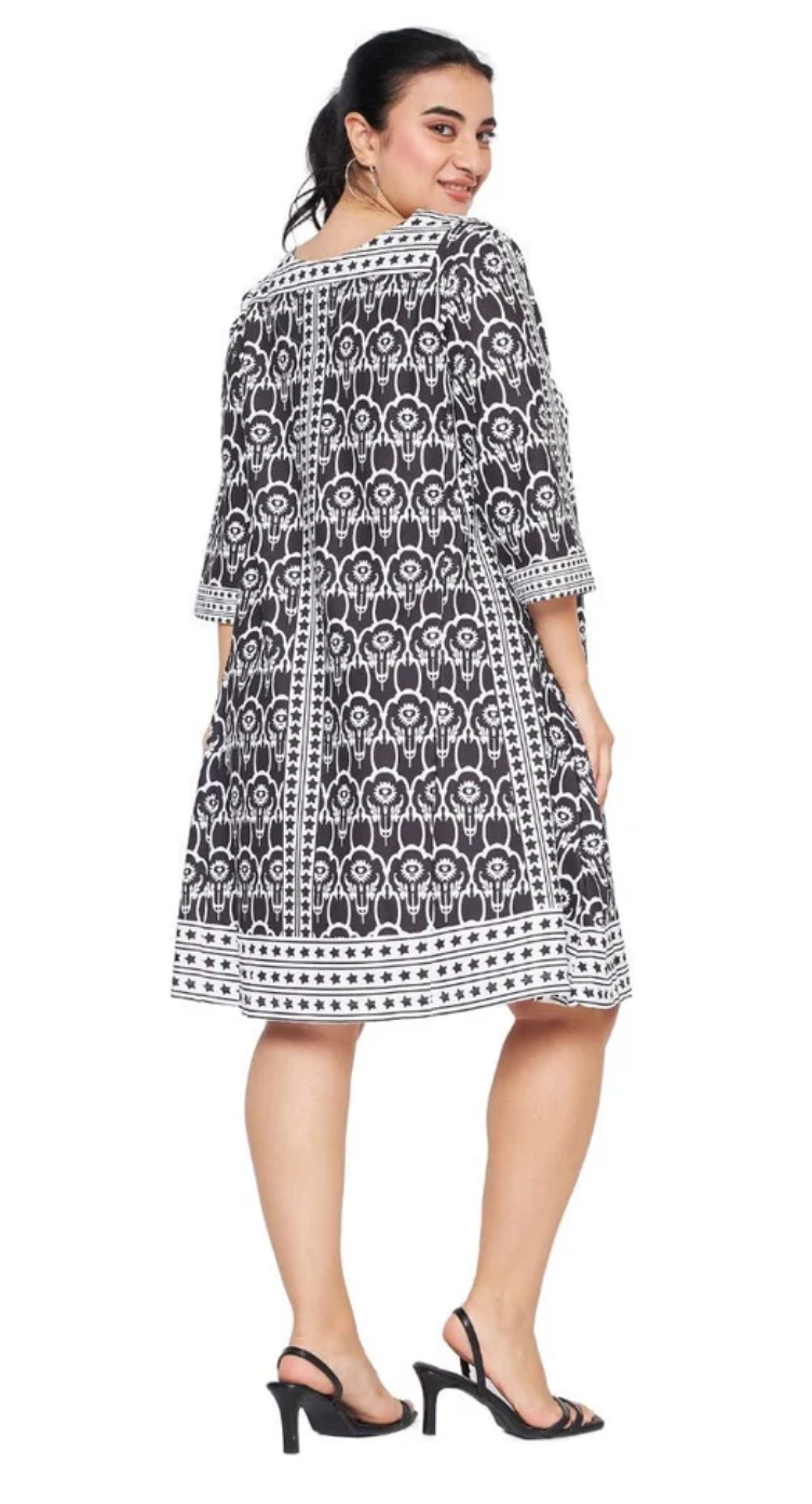 Black & White Floral Polyester Plus Size Dress for Women 1X-3X 3/4 Sleeve | GypsieBlu