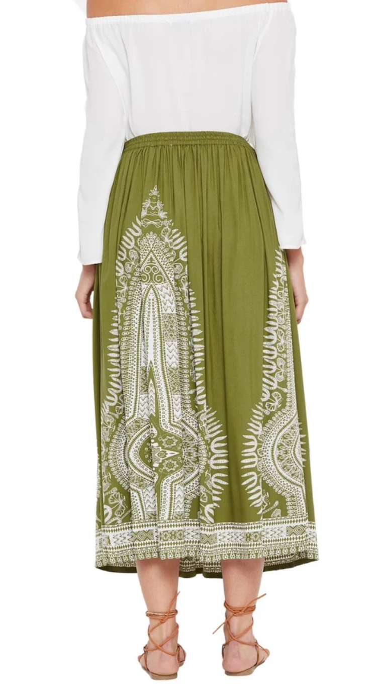 Olive Dashiki Border Rayon Skirt for Women S-XL | GypsieBlu