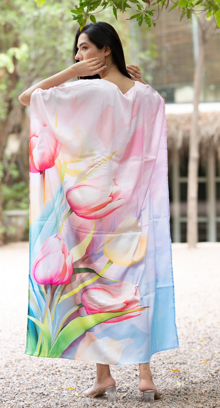 Floral Pastel Satin Silk Women Plus Size Kaftan Resort Dress