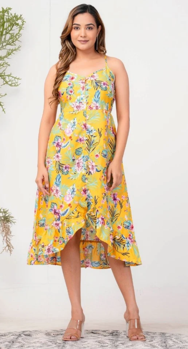 Yellow Floral Polyester Midi Dress for Women S-XL Sleeveless V Neck | GypsieBlu