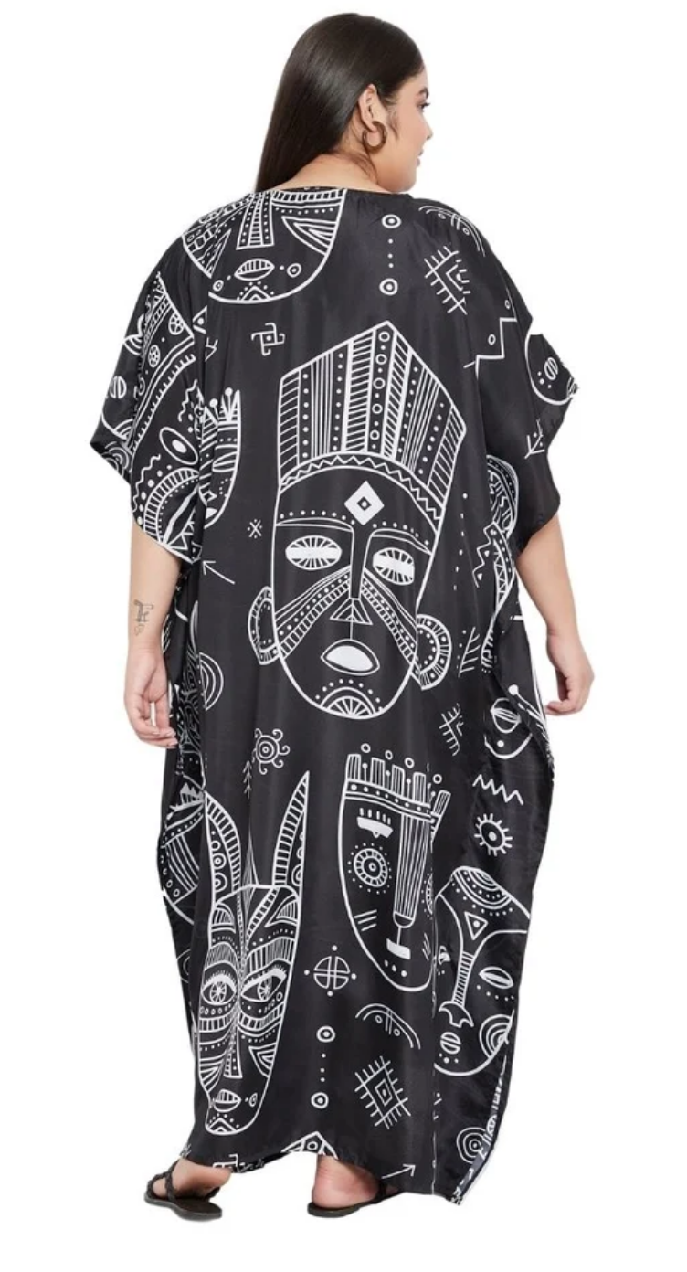 Black Tribal Mask Line Art Polyester Plus Size Kaftan for Women 1X-3X V Neck | GypsieBlu