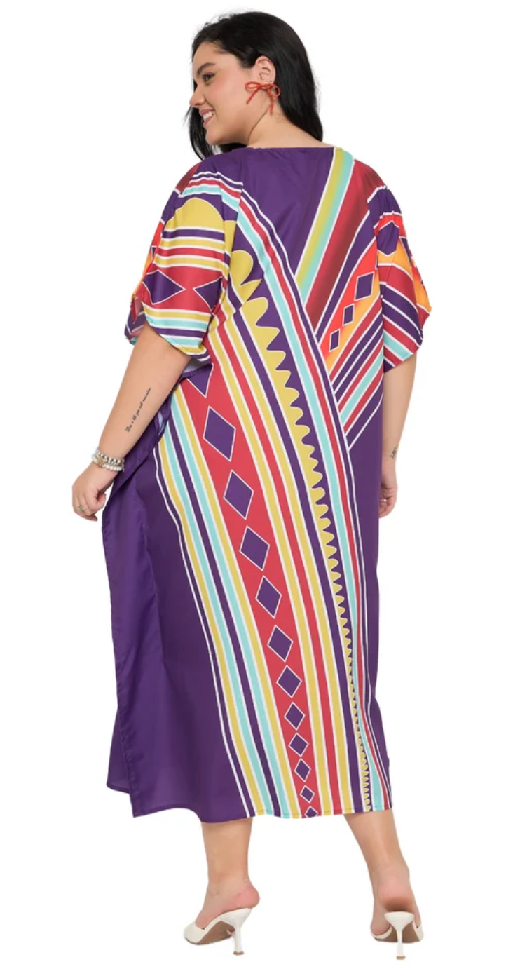 Purple Diagonal Tribal Polyester Plus Size Kaftan for Women 1X-3X | GypsieBlu