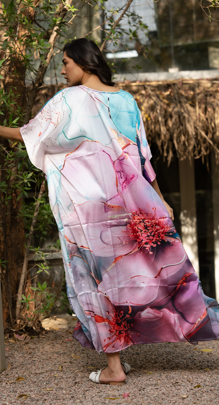 Floral Pastel Lavender Satin Silk Women Plus Size Caftan Dress