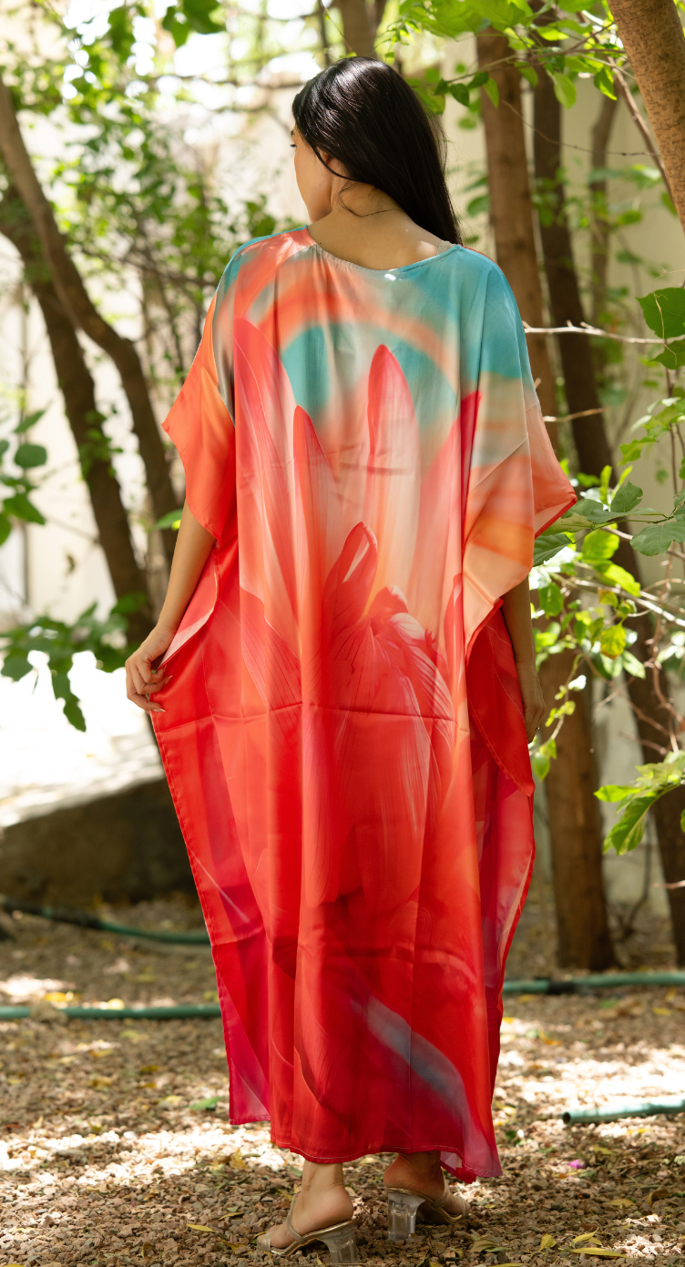 Abstract Coral Red Satin Silk Women Plus Size Kaftan Party Dress