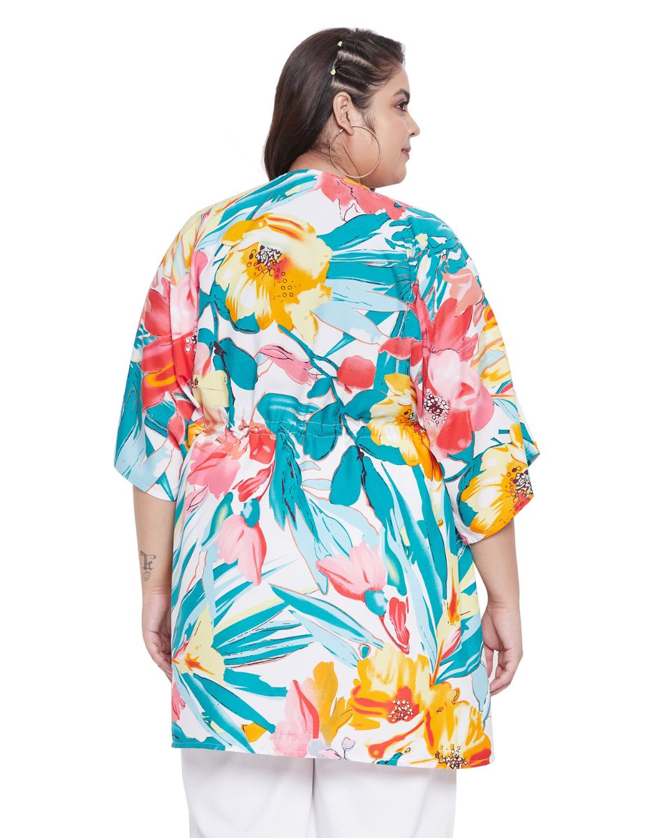 Floral Print Sky Blue Polyester Plus Size Cover Up For Women