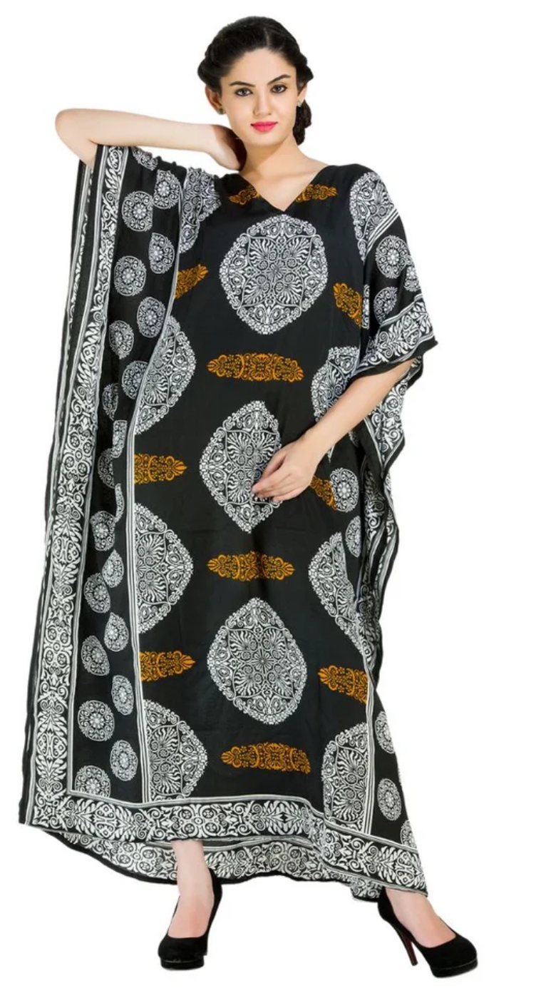 White Medallion Circle Polyester Plus Size Kaftan for Women 1X-3X | GypsieBlu