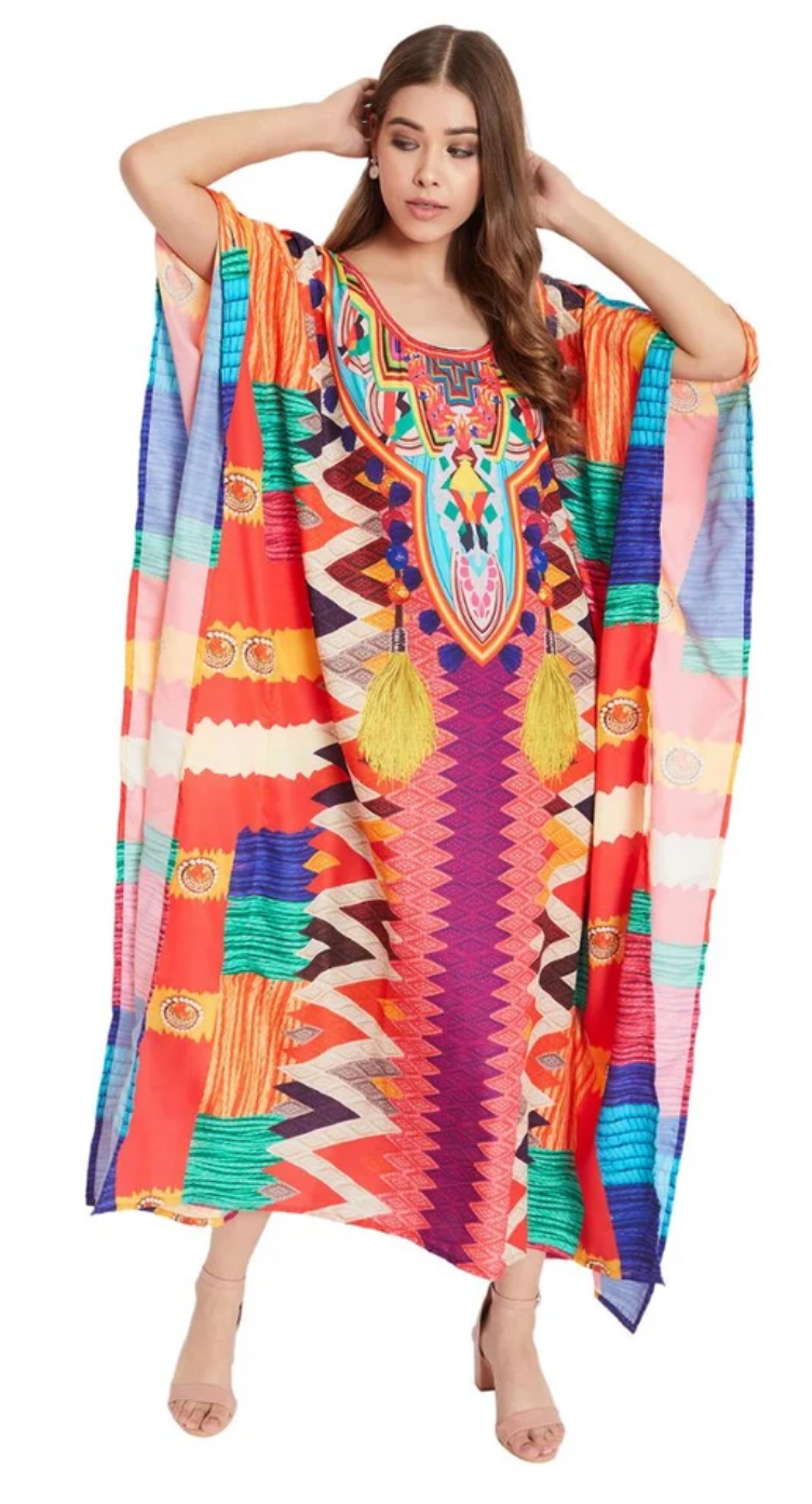 Multicolor Geometric Dashiki Patchwork Polyester Plus Size Kaftan Dress for Women 1X-3X | GypsieBlu