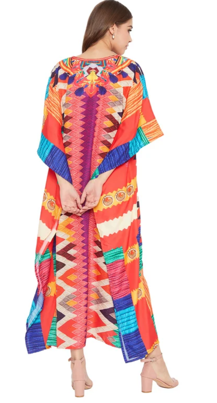 Multicolor Geometric Dashiki Patchwork Polyester Plus Size Kaftan Dress for Women 1X-3X | GypsieBlu