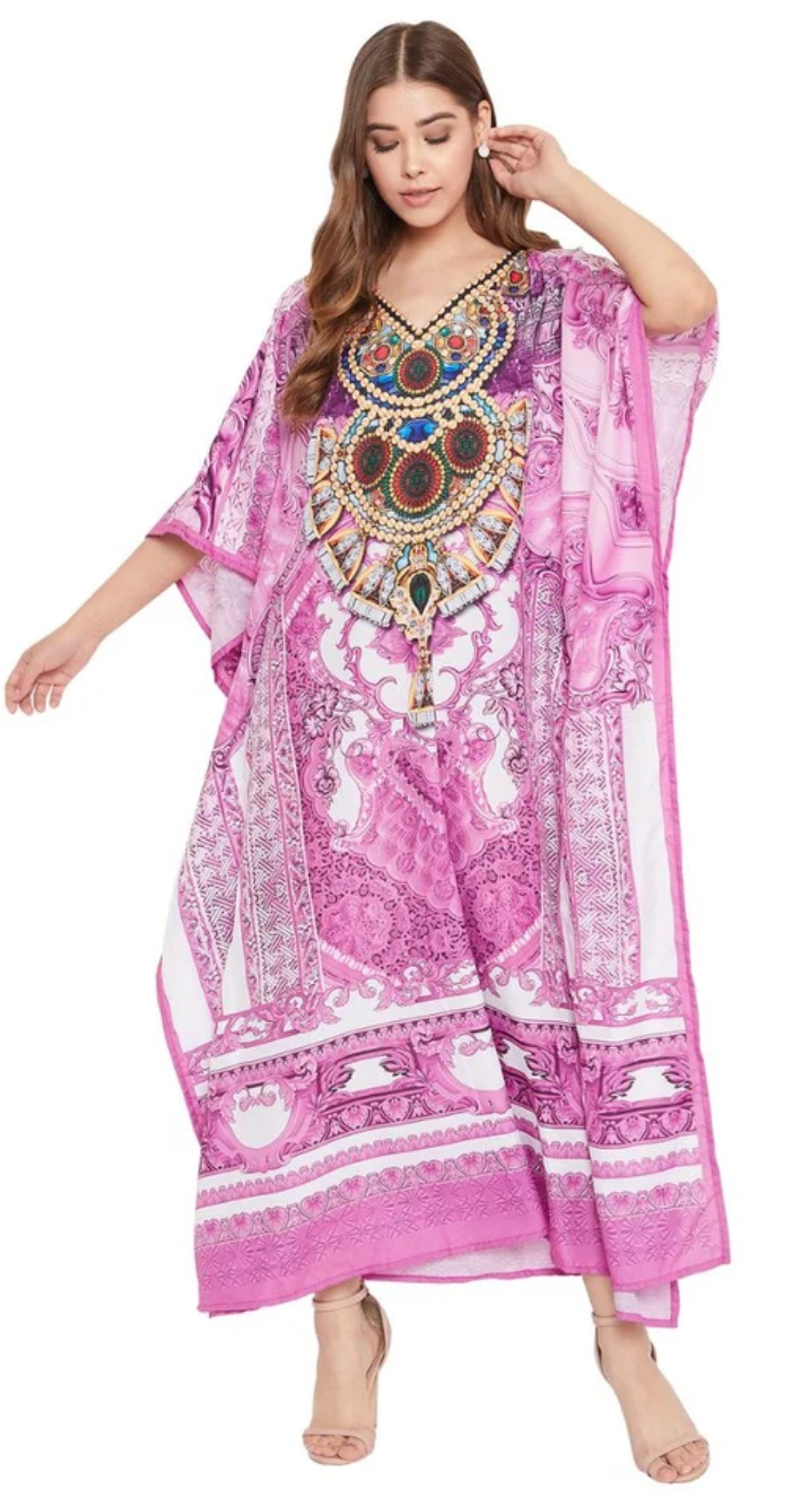 Pink Floral Polyester Plus Size Kaftan Dress for Women 1X-3X | GypsieBlu