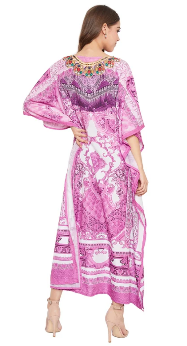 Pink Floral Polyester Plus Size Kaftan Dress for Women 1X-3X | GypsieBlu