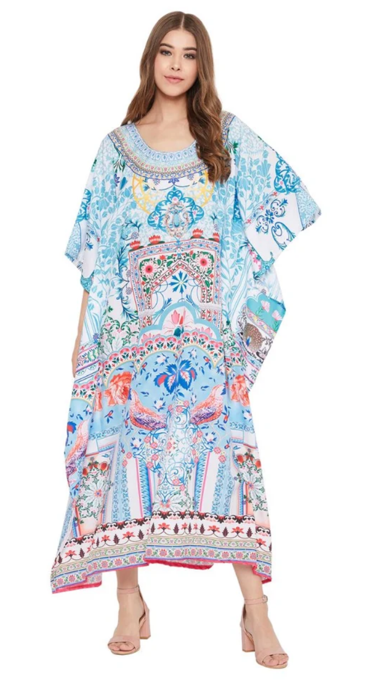 Blue Floral Polyester Plus Size Kaftan Dress for Women 1X-3X | GypsieBlu