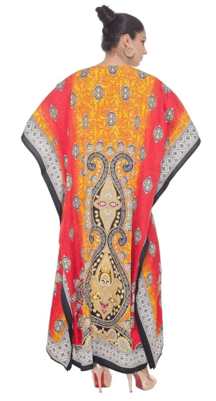 Orange Paisley Medallion Polyester Plus Size Kaftan for Women 1X-3X | GypsieBlu