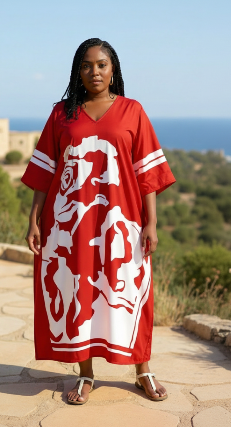 Floral Printed Red Polyester Plus Size Kaftan Dress For Women