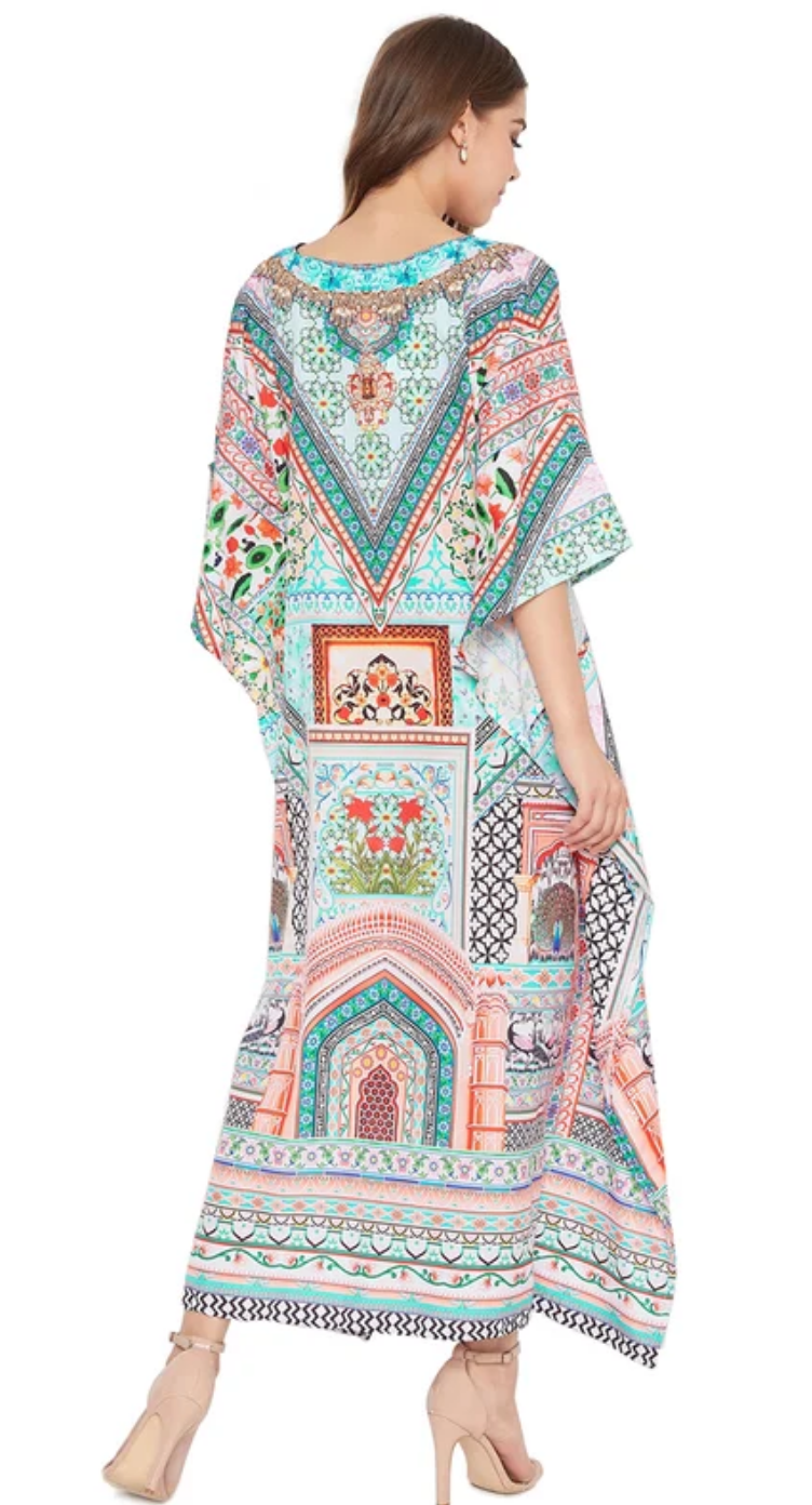 Blue Floral Polyester Plus Size Kaftan Dress for Women 1X-3X V Neck | GypsieBlu