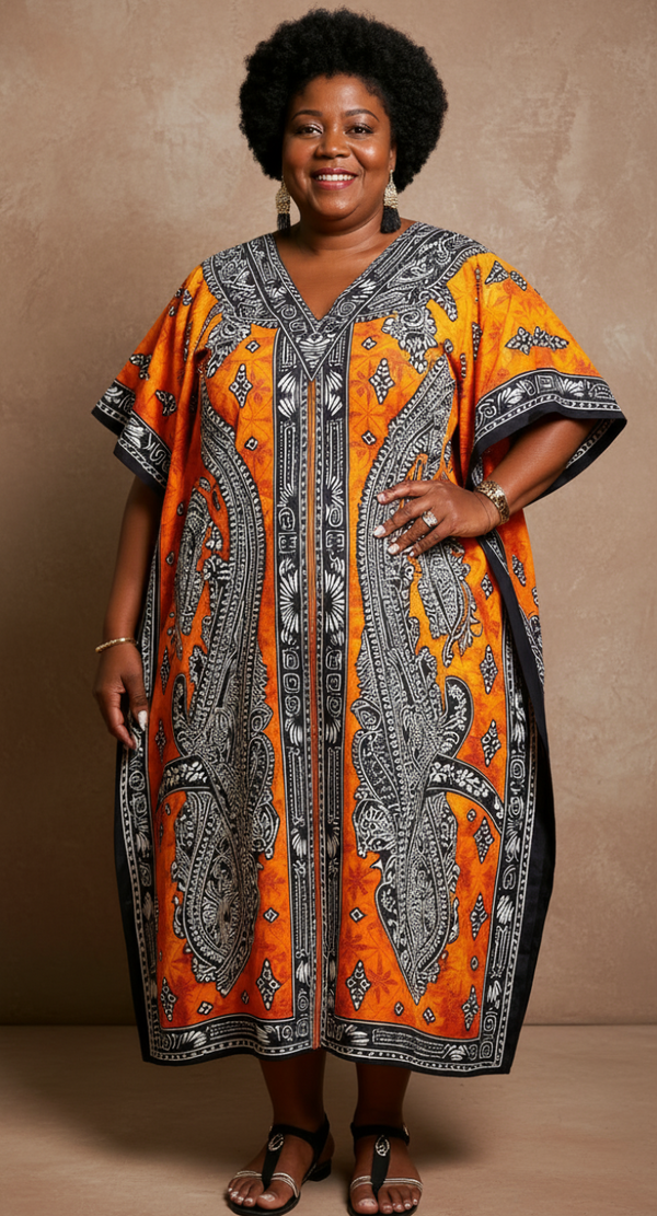 Orange & Black Dashiki Paisley Polyester Plus Size Kaftan for Women 1X-3X | GypsieBlu
