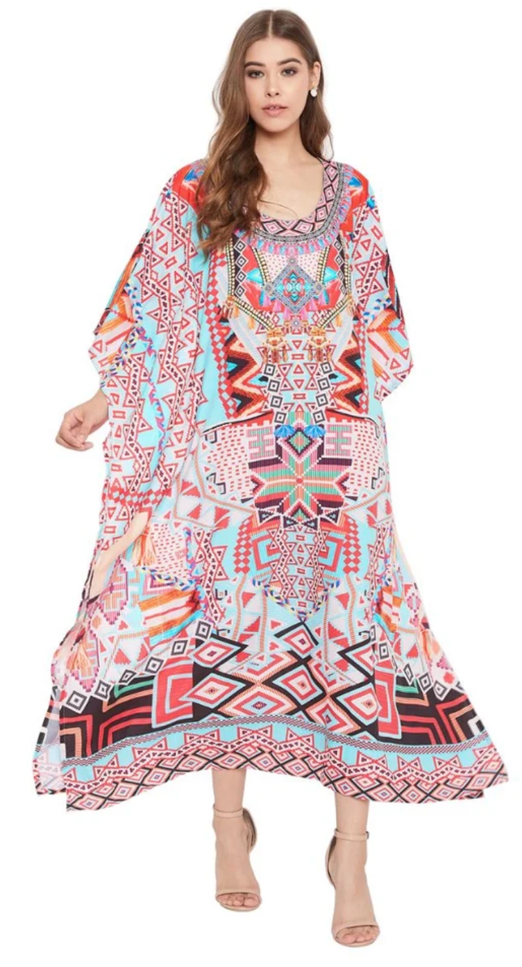 Multicolor Geometric Kaleidoscope Aztec Polyester Plus Size Kaftan Dress for Women 1X-3X | GypsieBlu