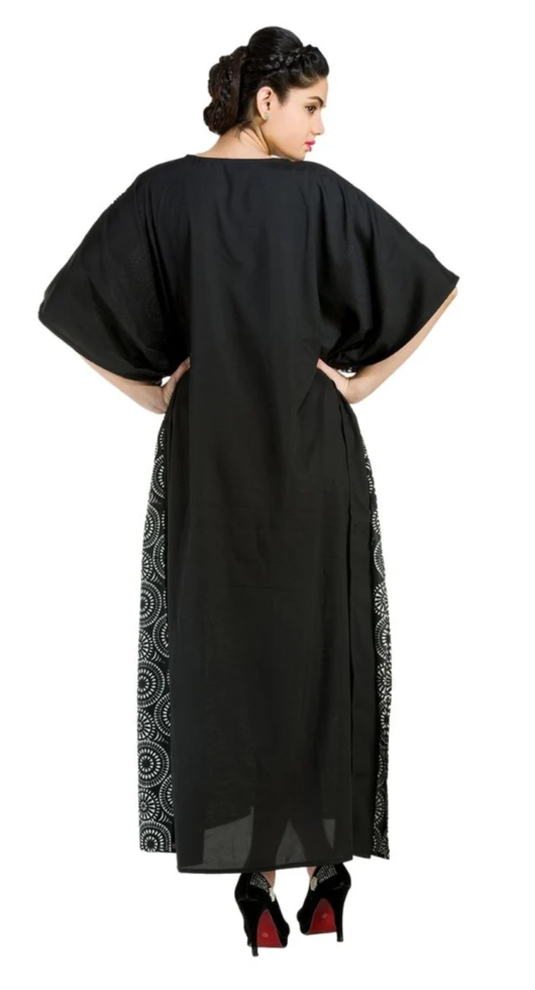 GypsieBlu Black & White Polyester Plus Size Kaftan for Women Kimono Sleeve 1X-3X - Mandala Dot Circle Print