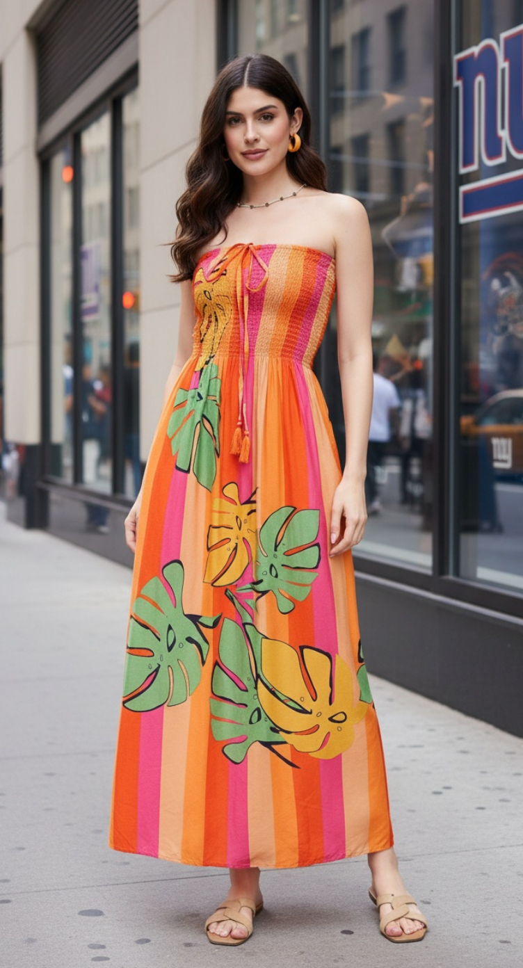 Multicolor Tropical Striped Polyester Maxi Tube Dress for Women S-XL Sleeveless | GypsieBlu