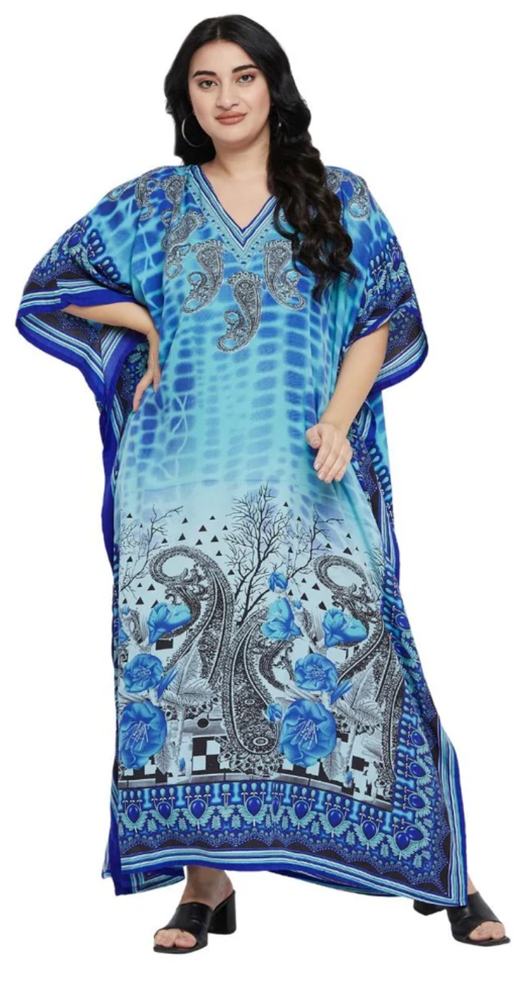 Turquoise Dye Paisley Polyester Plus Size Kaftan for Women 1X-3X | GypsieBlu