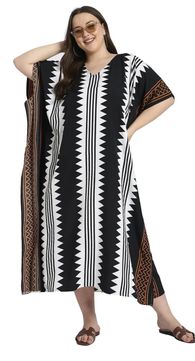 Black Tribal Zigzag Polyester Plus Size Kaftan for Women 1X-3X | GypsieBlu