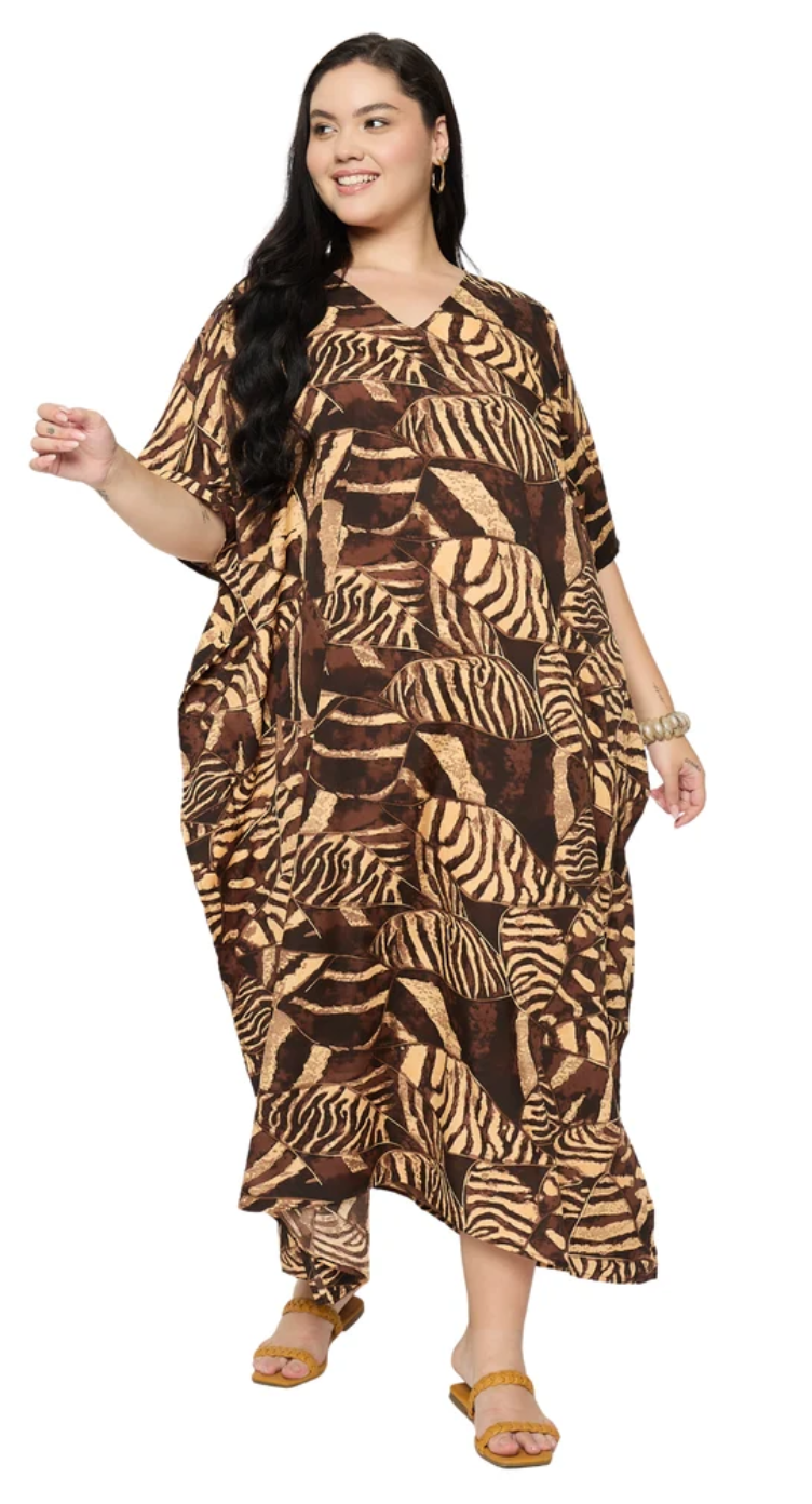 Chocolate Brown Abstract Zebra Plus Size Kaftan for Women 1X-3X | GypsieBlu