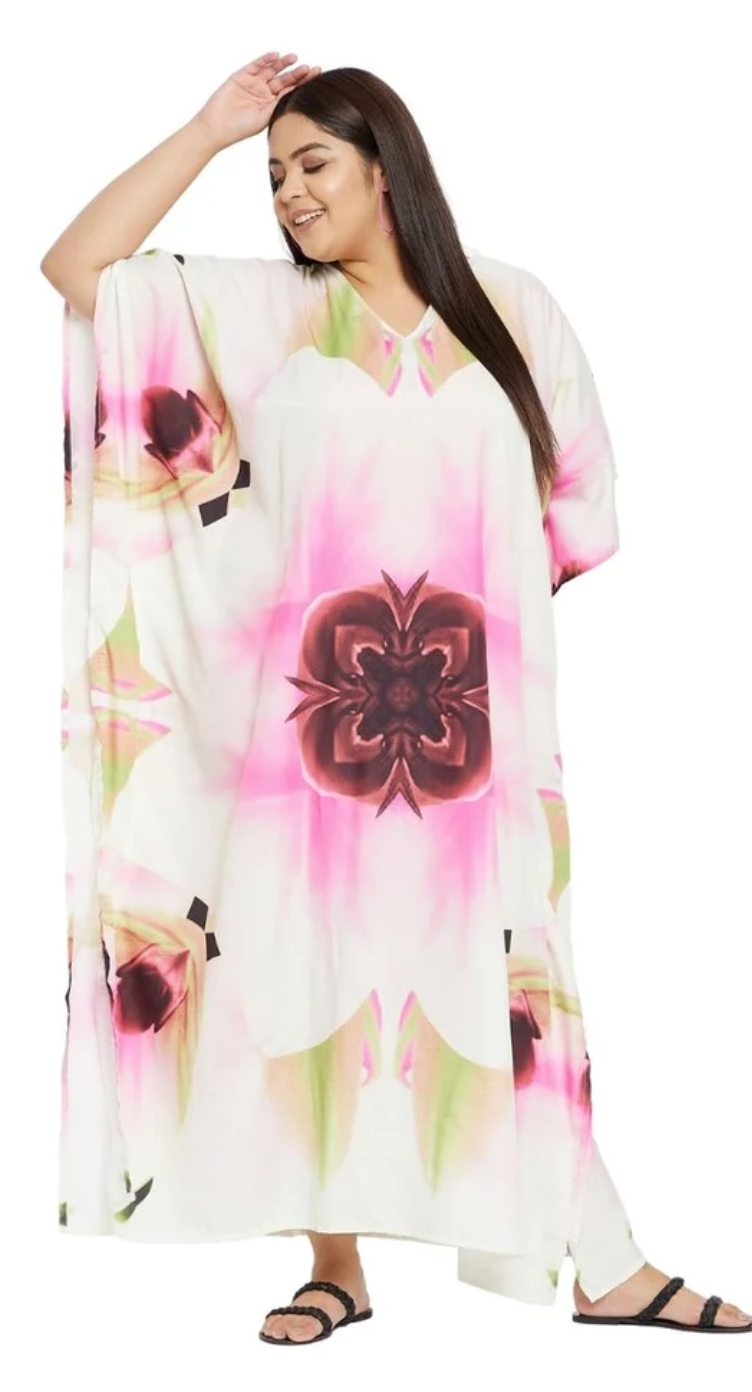Watercolor Floral Kaleidoscope Polyester Plus Size Kaftan for Women 1X-3X V Neck | GypsieBlu