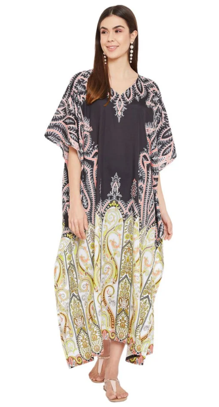 Beige Paisley Border Polyester Plus Size Kaftan for Women 1X-3X | GypsieBlu
