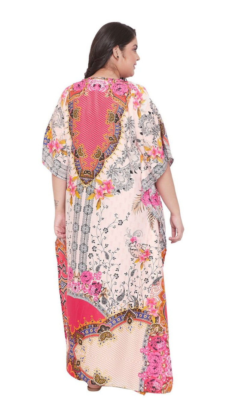 Cream and pink plus size kaftan with floral medallion border print and beaded V-neck — alternate view