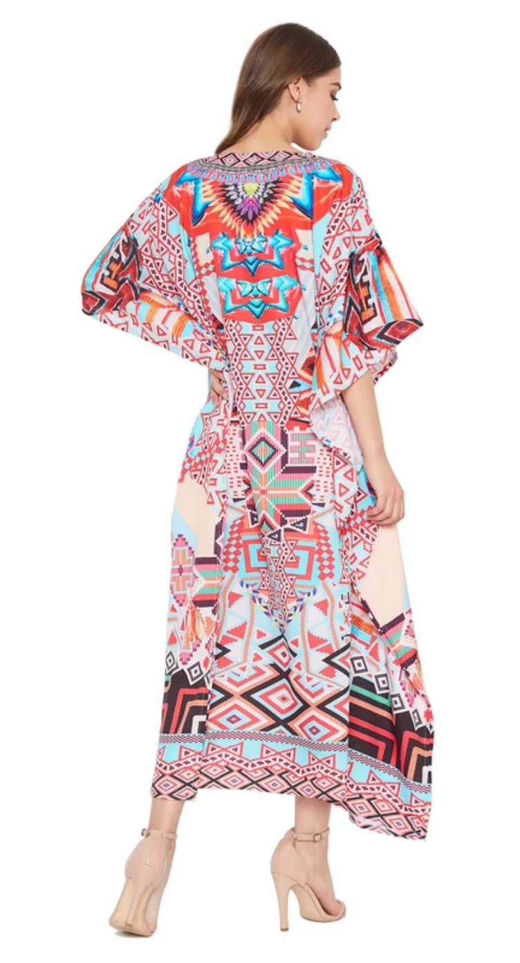 Multicolor Geometric Kaleidoscope Aztec Polyester Plus Size Kaftan Dress for Women 1X-3X | GypsieBlu