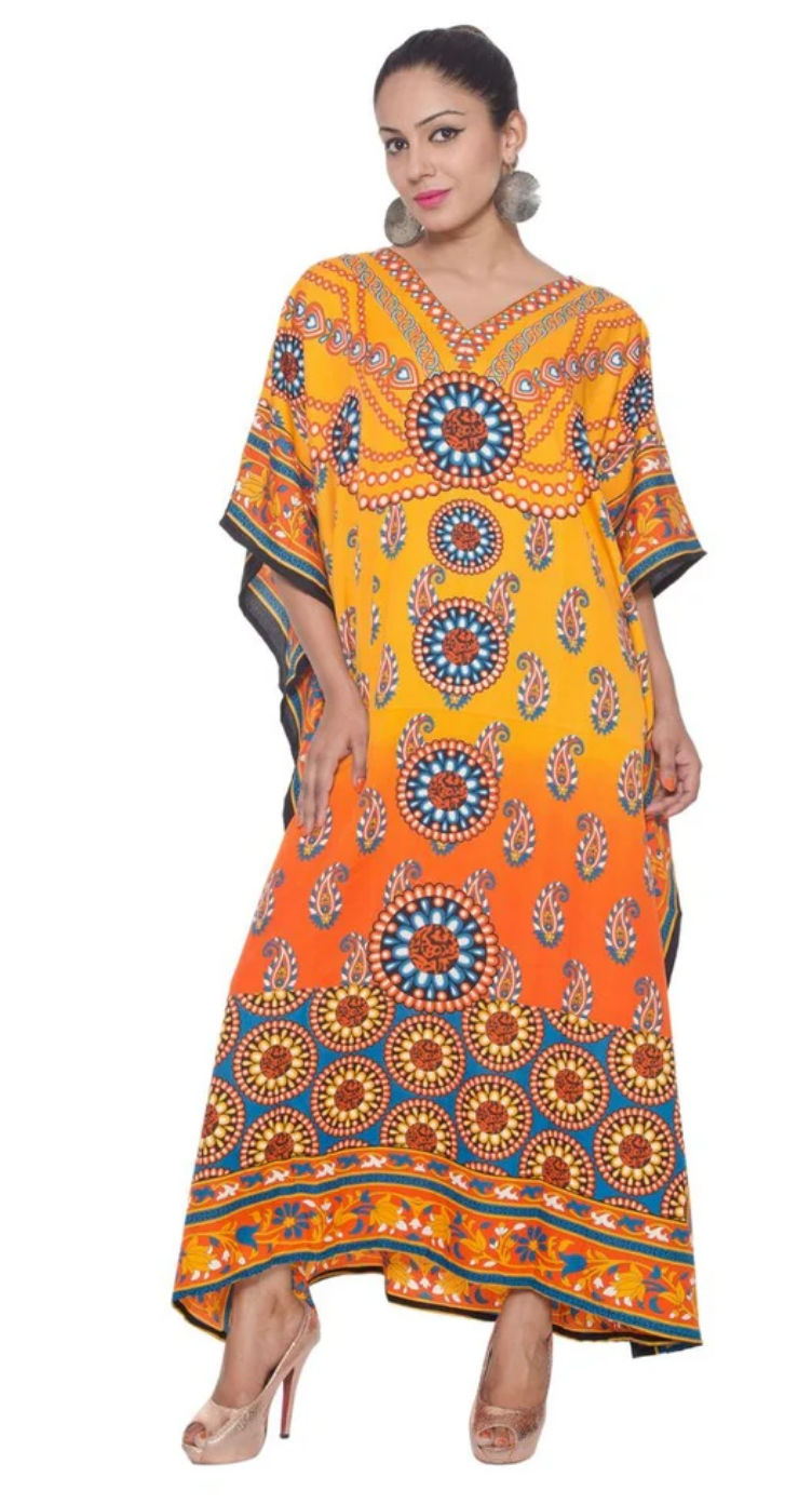 Yellow Medallion Sunburst Polyester Plus Size Kaftan for Women 1X-3X | GypsieBlu