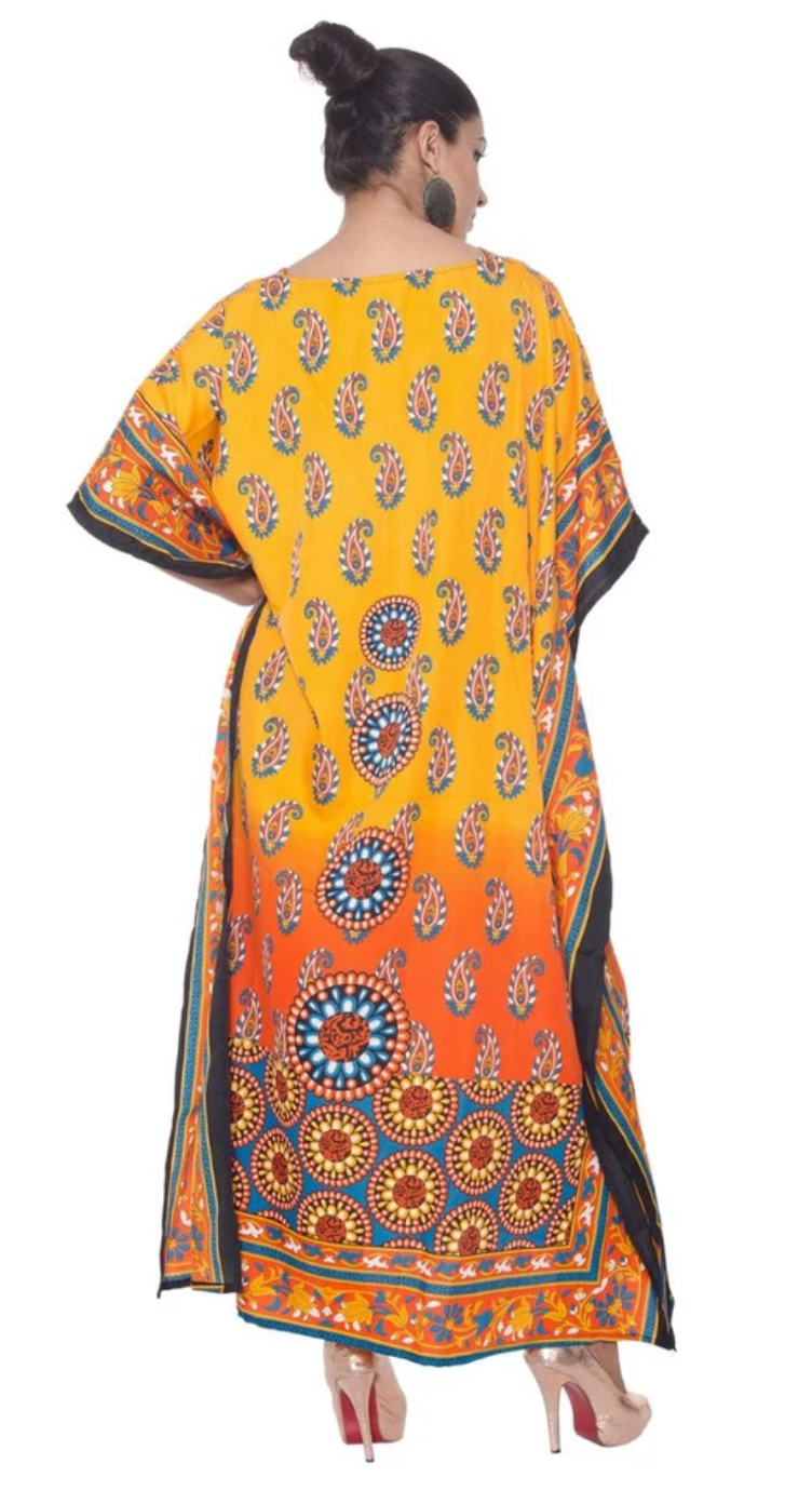 Yellow Medallion Sunburst Polyester Plus Size Kaftan for Women 1X-3X | GypsieBlu