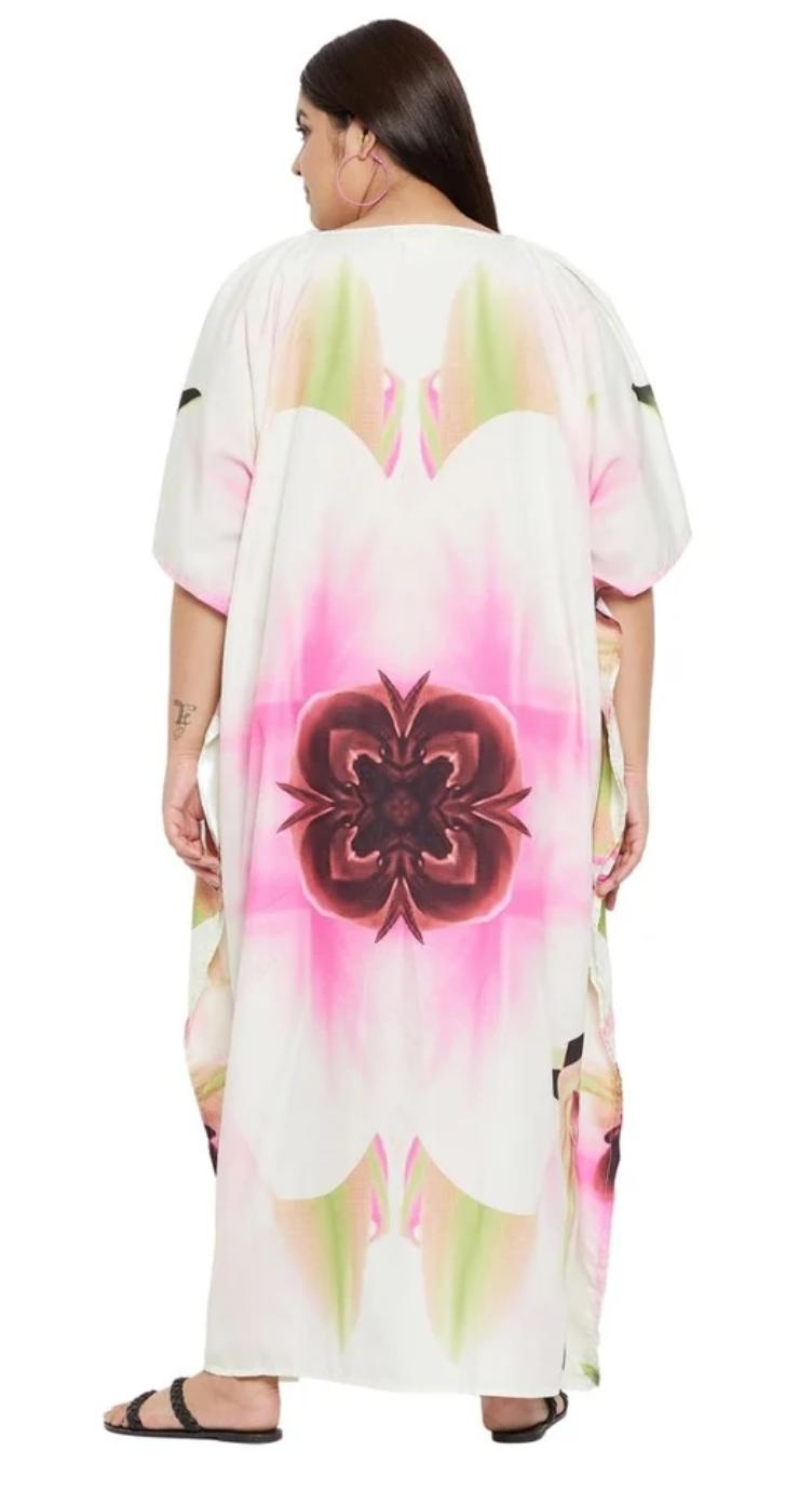 Watercolor Floral Kaleidoscope Polyester Plus Size Kaftan for Women 1X-3X V Neck | GypsieBlu