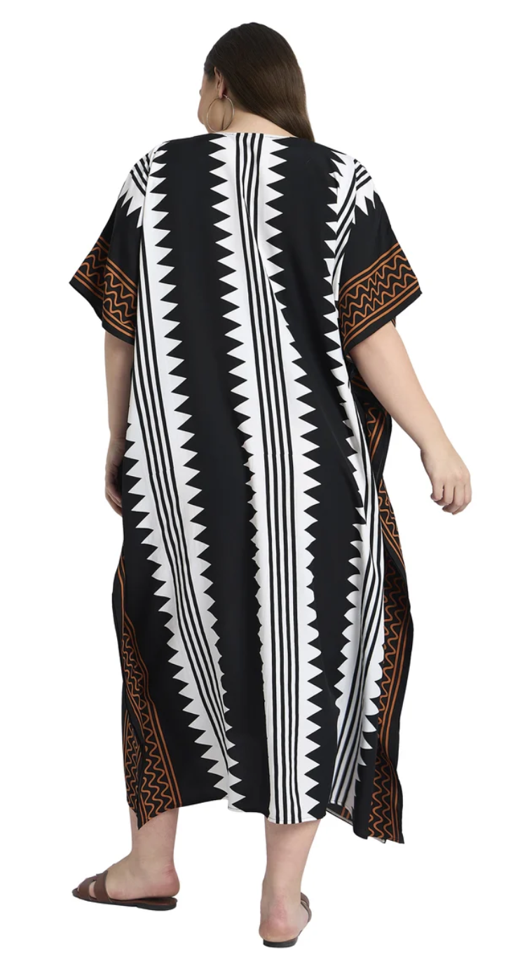 Black Tribal Zigzag Polyester Plus Size Kaftan for Women 1X-3X | GypsieBlu