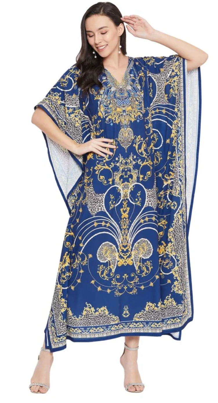 GypsieBlu Navy & Gold Polyester Plus Size Kaftan for Women Kimono Sleeve 1X-3X - Damask Medallion Print
