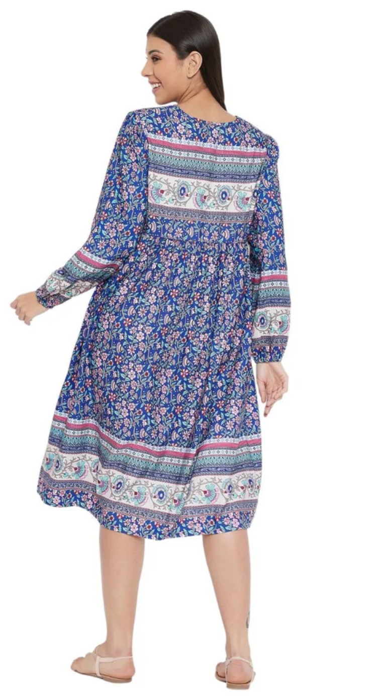 Blue Cotton Plus Size Dress for Women 1X-3X Long Sleeve Round Neck | GypsieBlu