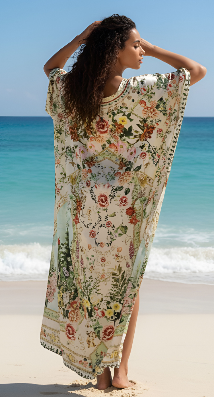 Floral Print Satin Silk Women Plus Size Kaftan Dress