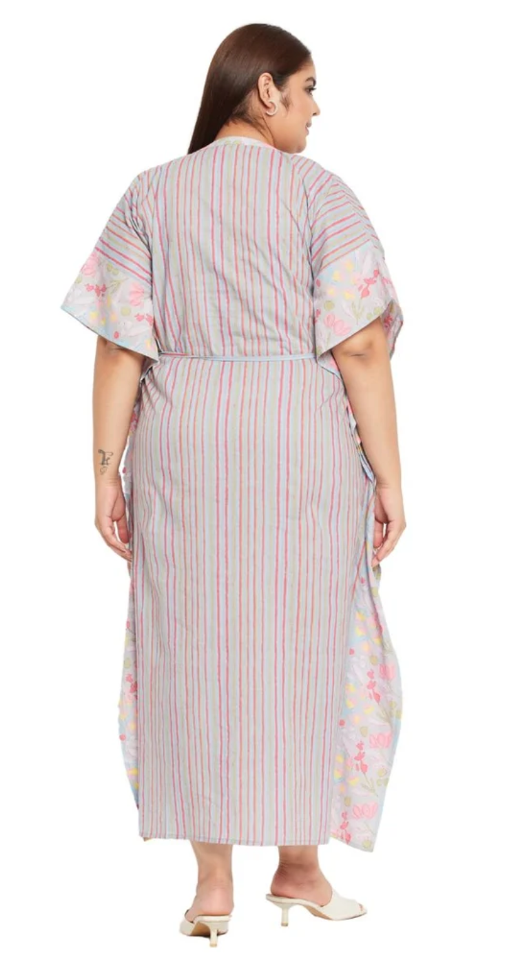 GypsieBlu Gray Floral Plus Size Cotton Kaftan Dress for Women 3/4 Sleeve 1X-3X