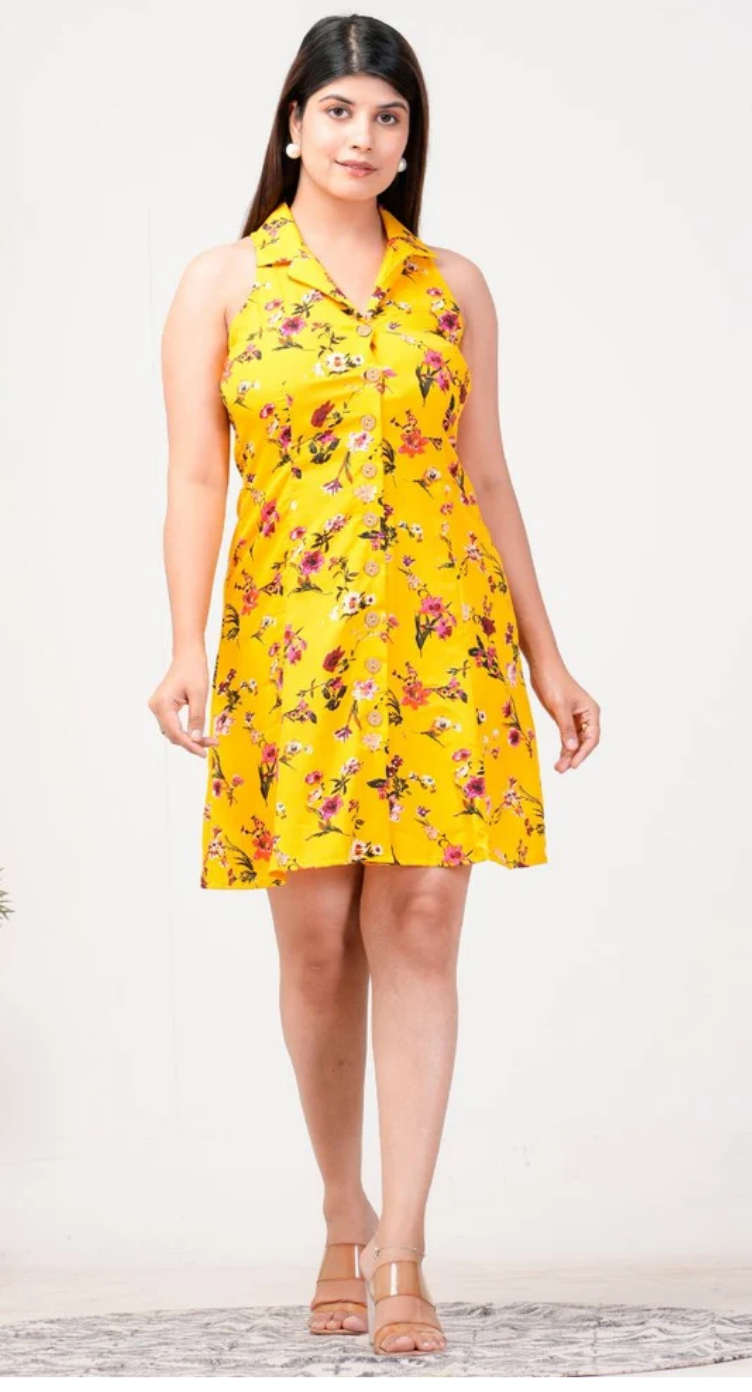 Yellow Floral Polyester Collared Dress for Women S-XL Sleeveless | GypsieBlu