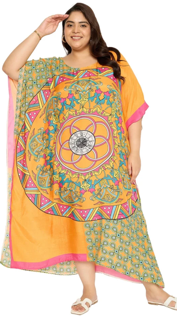Orange Bold Mandala Polyester Plus Size Kaftan for Women 1X-3X | GypsieBlu