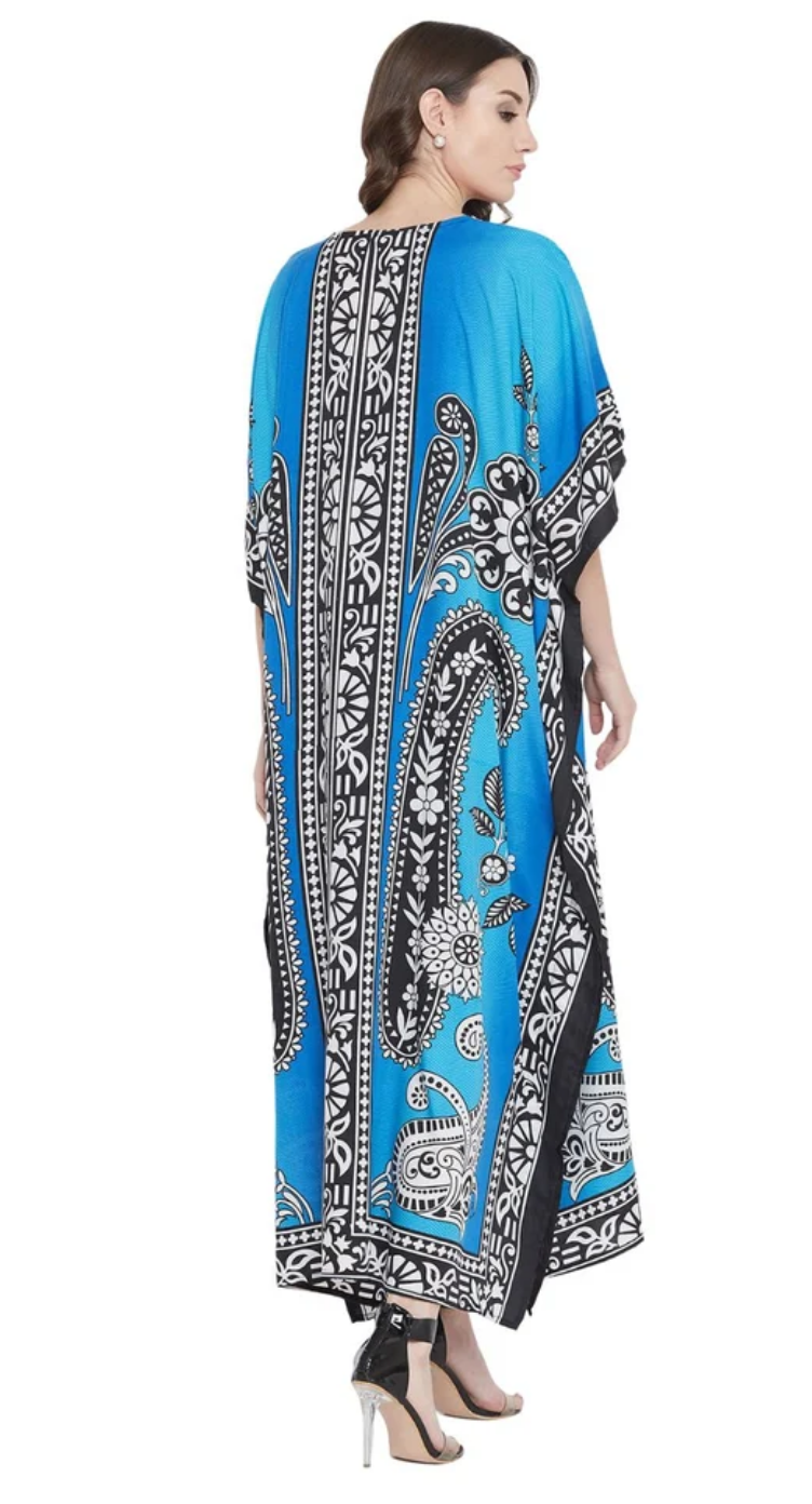 Blue & Black Paisley Medallion Polyester Plus Size Kaftan for Women 1X-3X | GypsieBlu