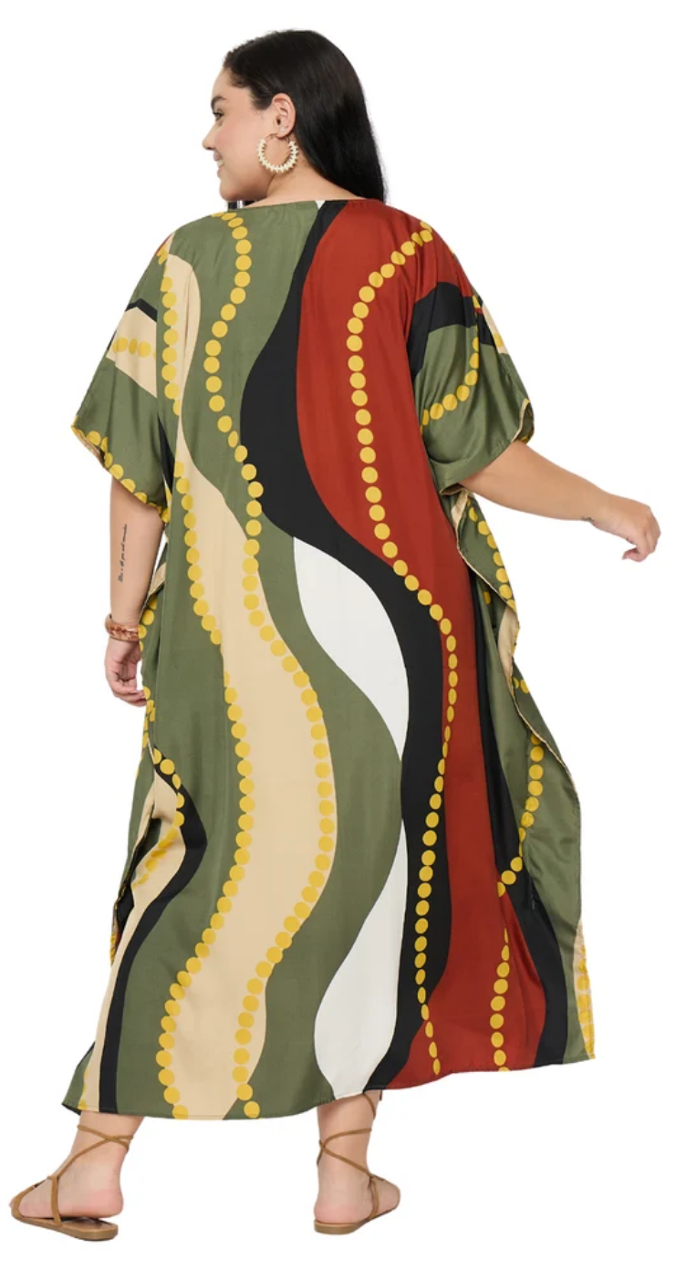 GypsieBlu Olive, Black & Rust Polyester Plus Size Kaftan for Women Kimono Sleeve 1X-3X - Abstract Wave Dot Chain Colorblock Print