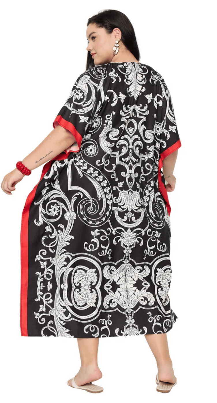 GypsieBlu Black, White & Red Polyester Plus Size Kaftan for Women Kimono Sleeve 1X-3X - Paisley Damask Scroll Print