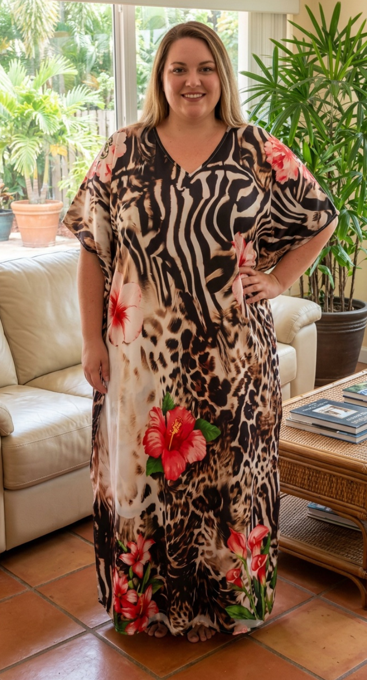 Beige Animal Print Polyester Women Plus Size Kaftan Poolside Dress