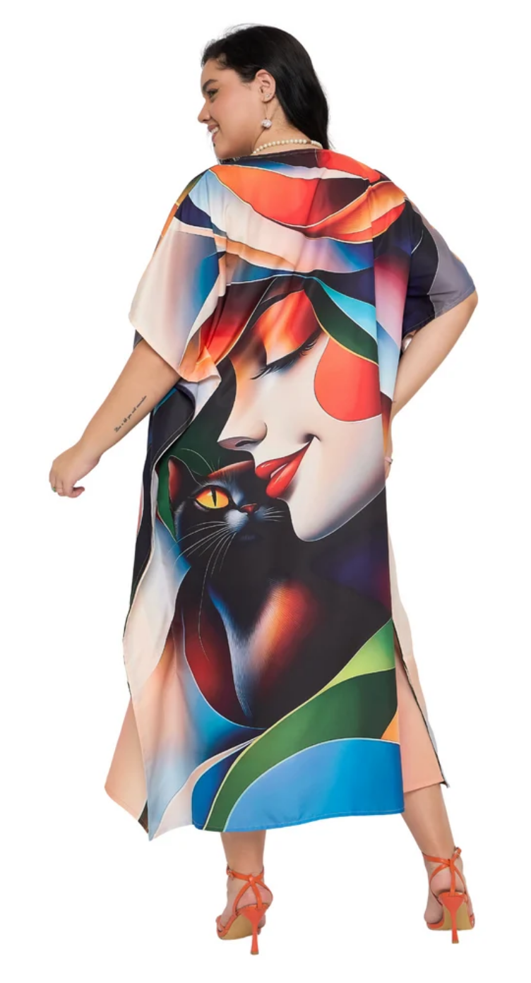 Beige Abstract Cubist Polyester Plus Size Kaftan for Women 1X-3X | GypsieBlu