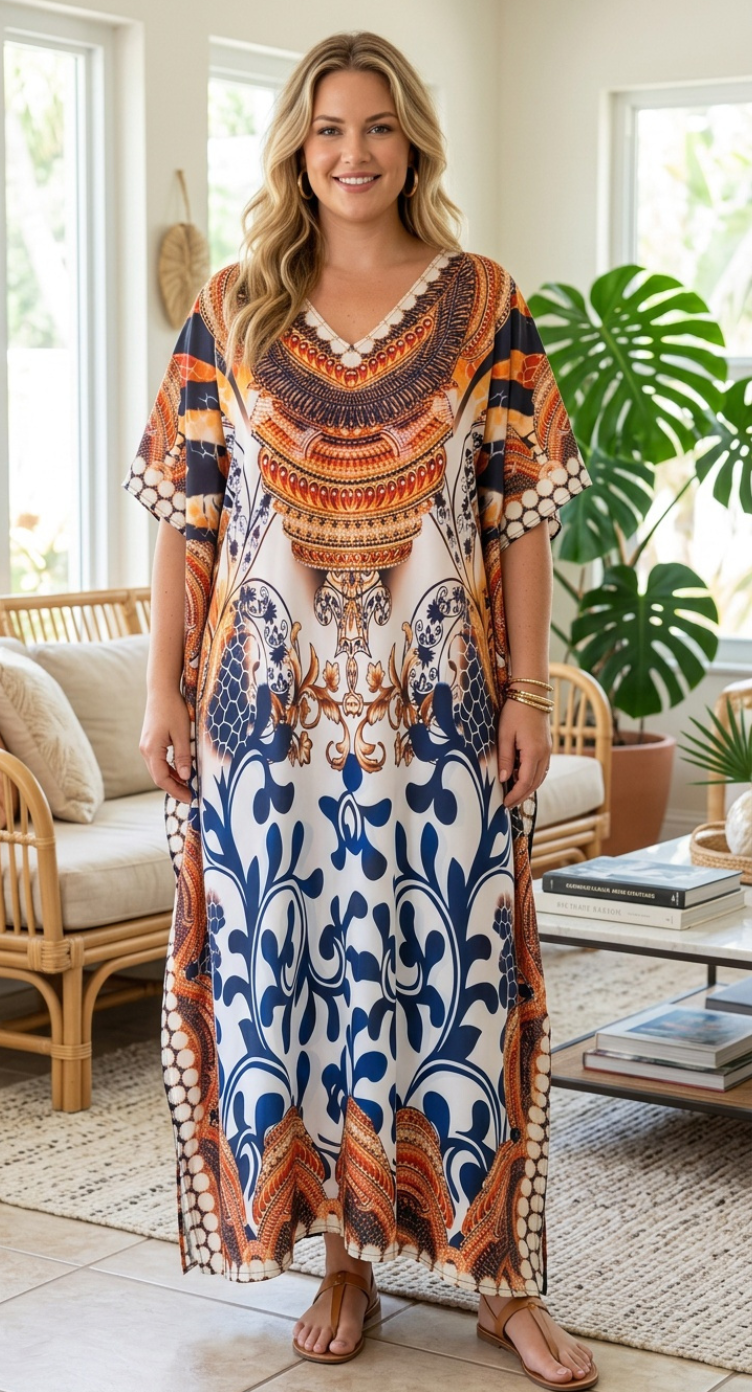 Cream Baroque Polyester Women Plus Size Kaftan Elegant Dress