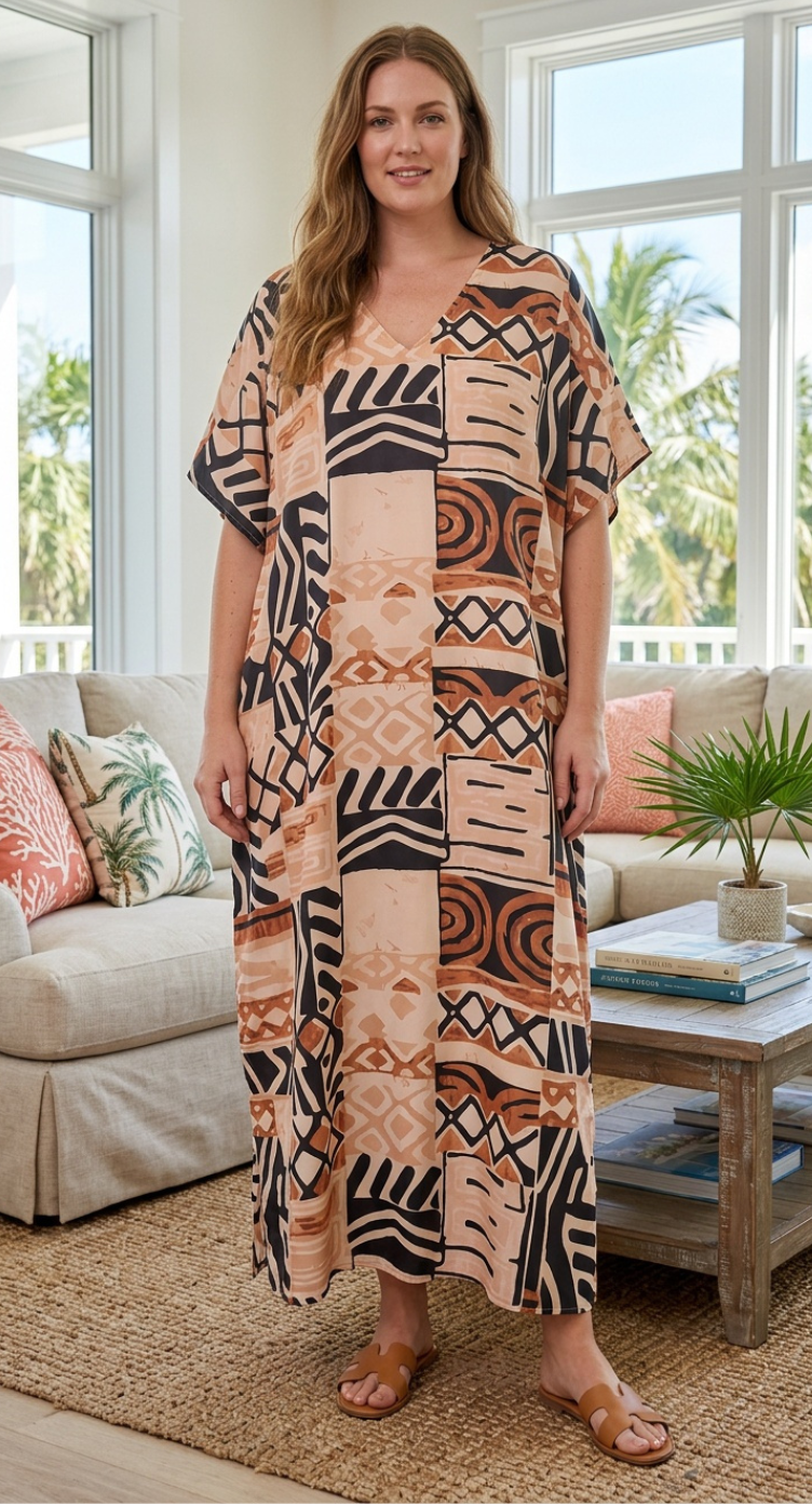Beige Geometric Polyester Women Plus Size Kaftan Casual Dress