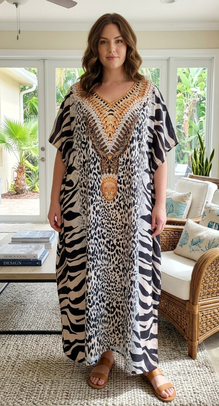 Cream Animal Print Polyester Women Plus Size Kaftan Tropical Dress